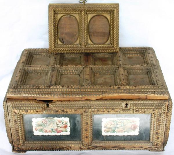 TWO 19TH C. PCS. OF TRAMP ART, LIFT TOP BOX,: SHOWS AS IS, TOGETHER WITH PICTURE FRAME