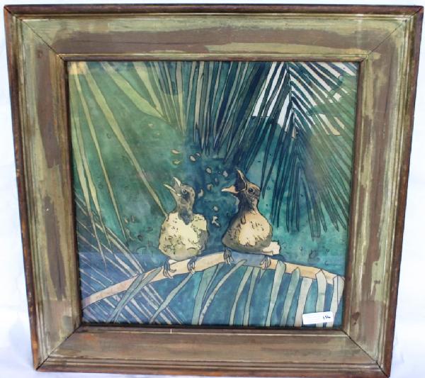 WATERCOLOR ON BOARD, "HUNGRY BIRDS" BY: JANE PETERSON, 18 X 18, FRAMED & GLAZED