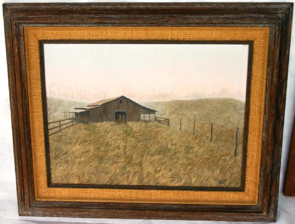 EGG TEMPERA ON BOARD, COUNTRY BARN WITH LANDSCAPE,: SIGNED BY BURKETT, 12 X 16