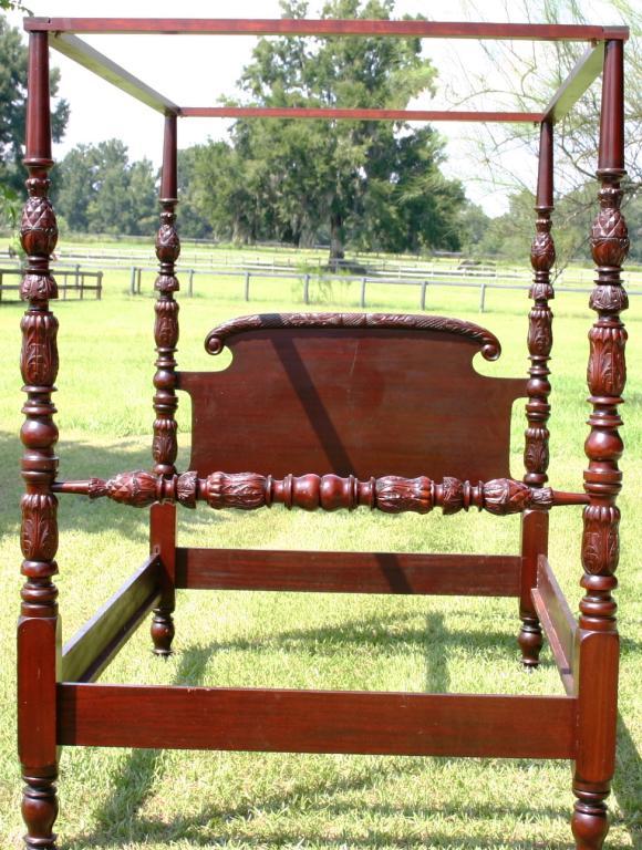 QUALITY CUSTOM MAHOGANY 4 POSTER TESTER BED: WITH PINEAPPLE & ACANTHUS CARVED POSTS, 80 1/4" H, 57" W, 74" L
