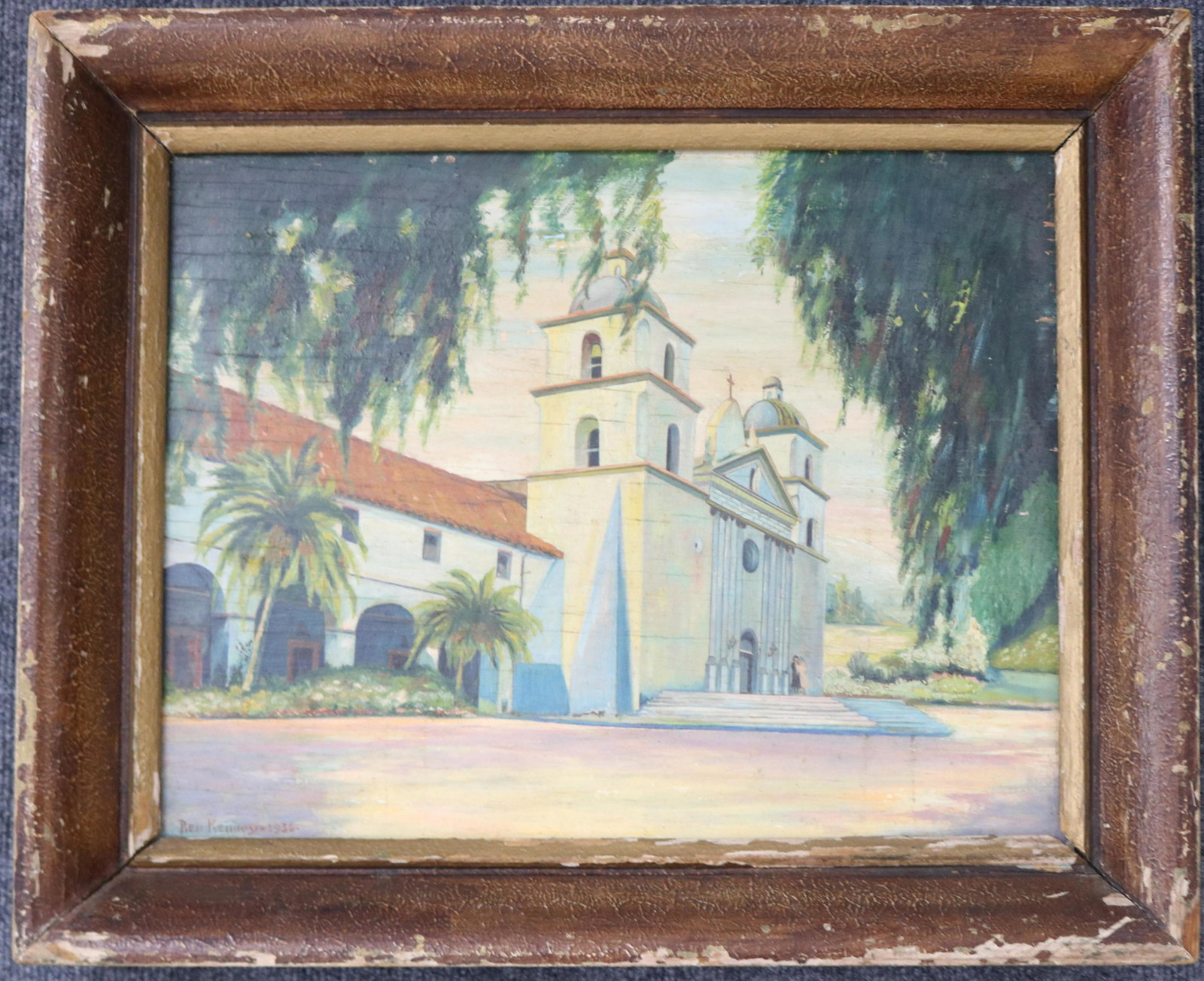 OIL ON PLYWOOD SIGNED LOWER LEFT BEN KELLIROY: 1936, POSSIBLY MEXICAN CHURCH, HISTORY ON VERSO, 17 1/2" X 21 1/2"