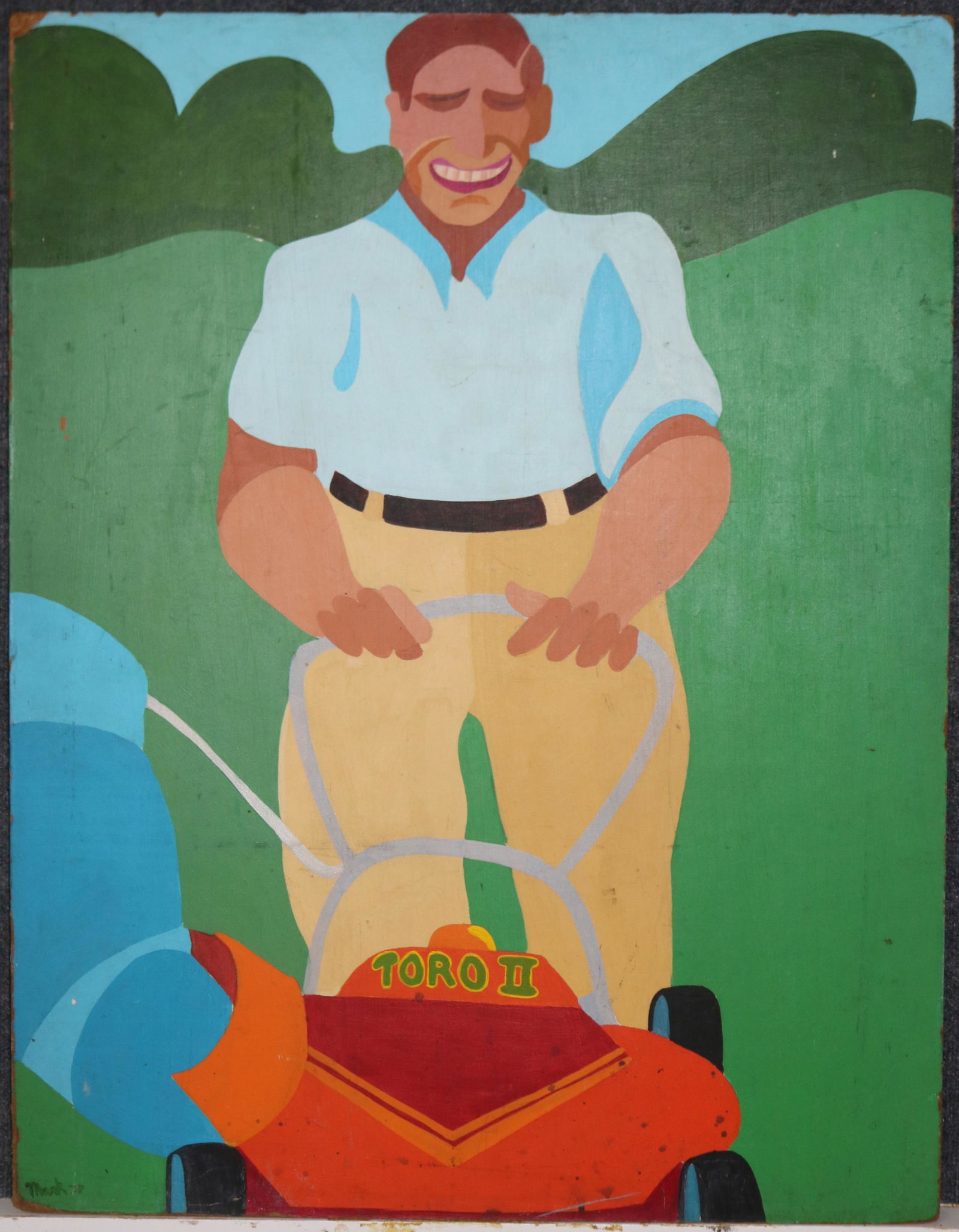 CONTEMPORARY FOLK ART PAINTING OF MAN & LAWN: MOWER, OIL ON MASONITE, SIGNED LOWER LEFT, MARCH 77, 36" X 28" OVERALL
