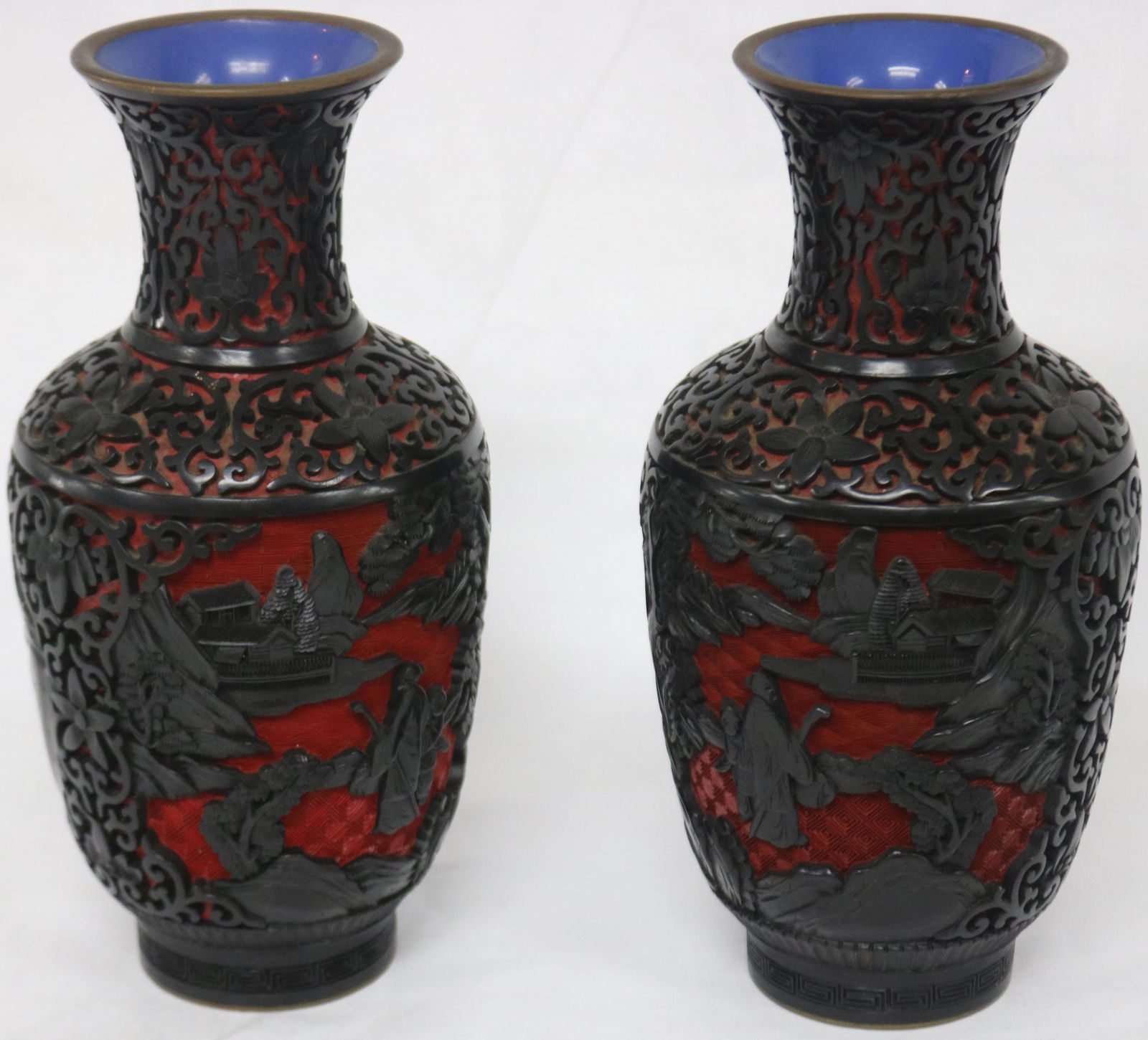 PAIR OF CINNABAR VASES WITH ENAMELED INTERIOR, (1 of 1)