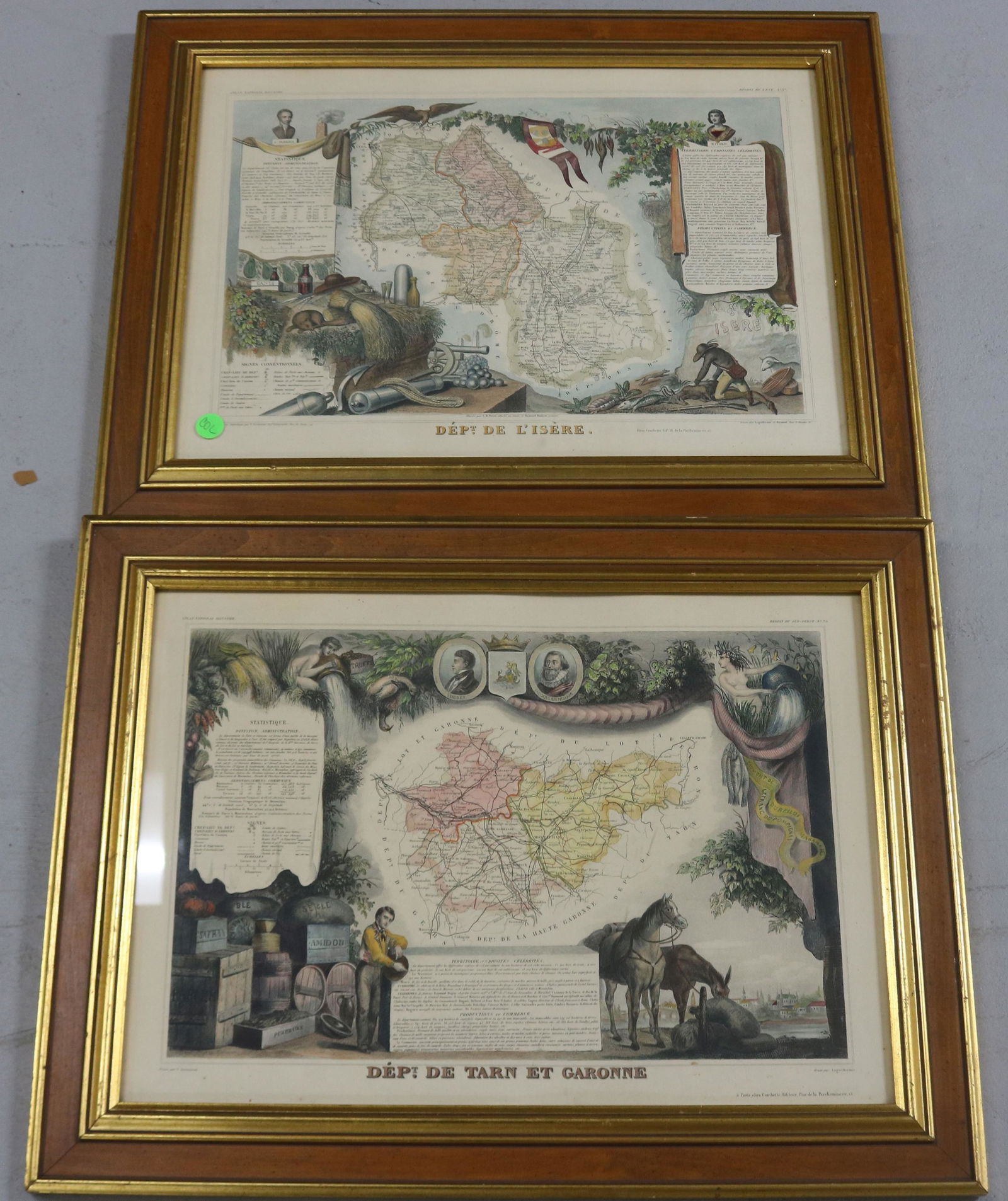 2 FRAMED & GLAZED MAPS, POSSIBLY HAND COLORED: FROM A FRENCH ATLAS, 17" X 22" OVERALL