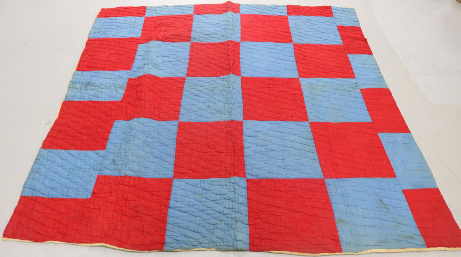 EARLY 20TH C. QUILT, RED & BLUE BLOCK DESIGN, 91" (1 of 1)