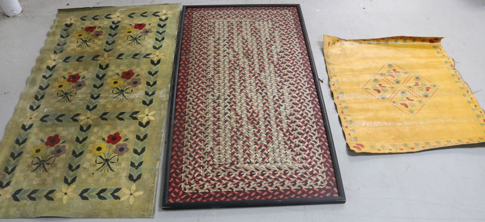 3 PCS. PAINTED CANVAS FLOOR COVERS, 1 FRAMED (1 of 4)