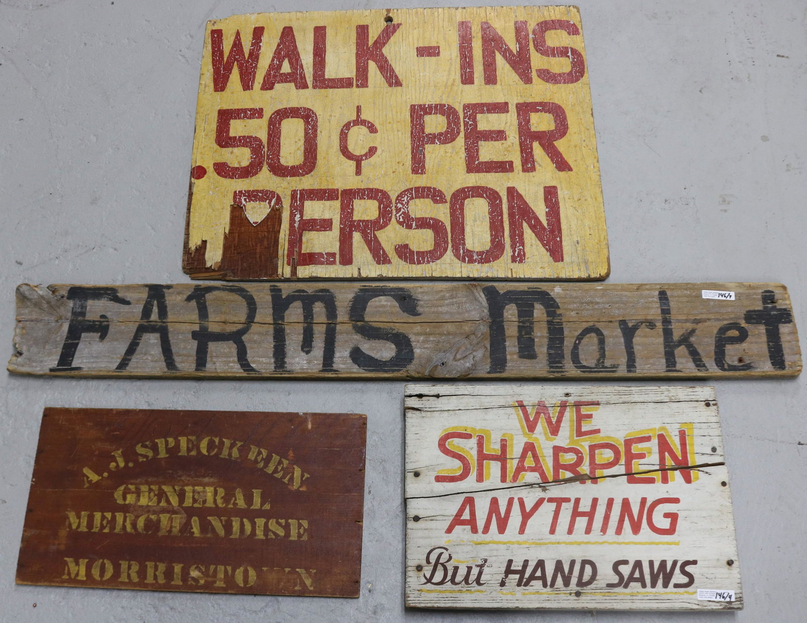 LOT OF 4 WOODEN SIGNS TO INCLUDE WALK-INS,: FARMERS MARKET, WE SHARPEN & GENERAL MERCHANDISE, 5 1/2" - 19" H, 16" - 42 3/4" W