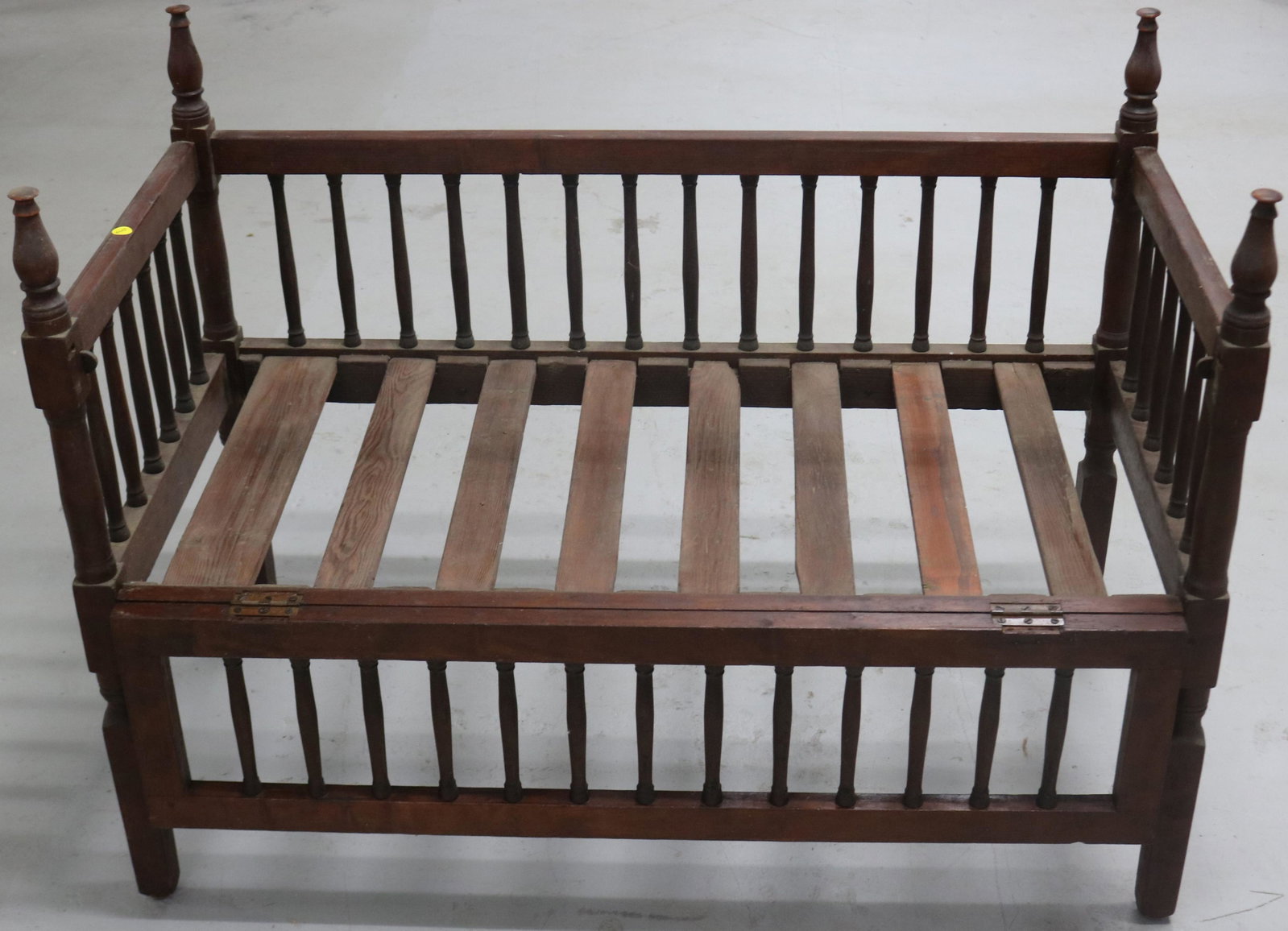 19TH C. DROP SIDE CRIB WITH TURNED SPINDLES &: POSTS, OLD NATURAL FINISH, 37" H, 41 1/4" W, 21" DEEP