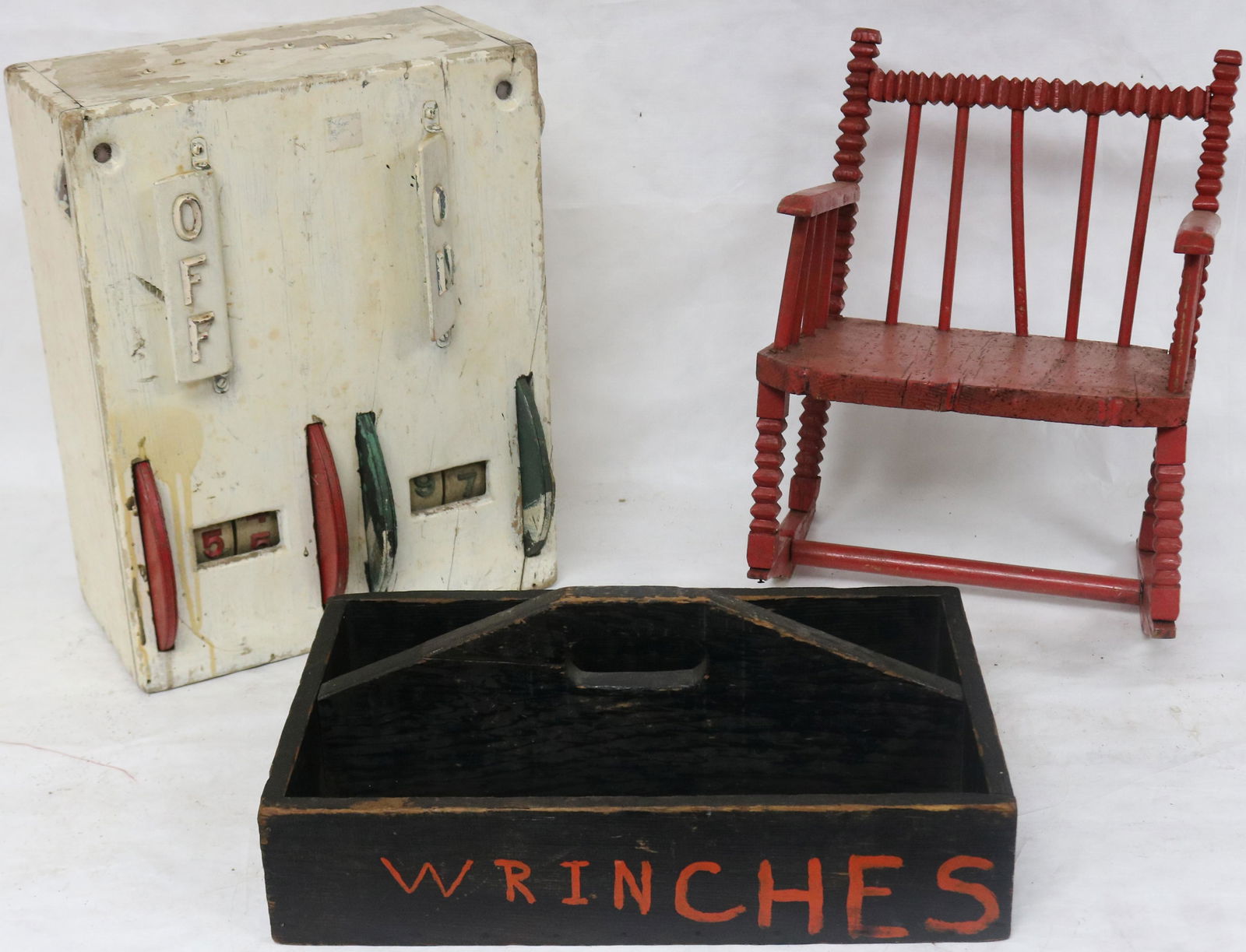 3 PAINTED FOLK ART ITEMS TO INCLUDE TOOL CARRIER, (1 of 2)