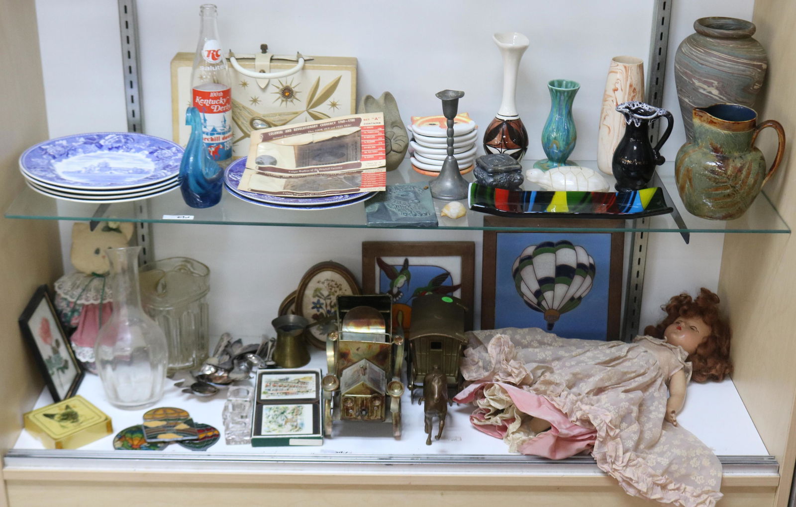 2 SHELVES OF MISC. ITEMS TO INCLUDE PITCHER, BLUE (1 of 1)