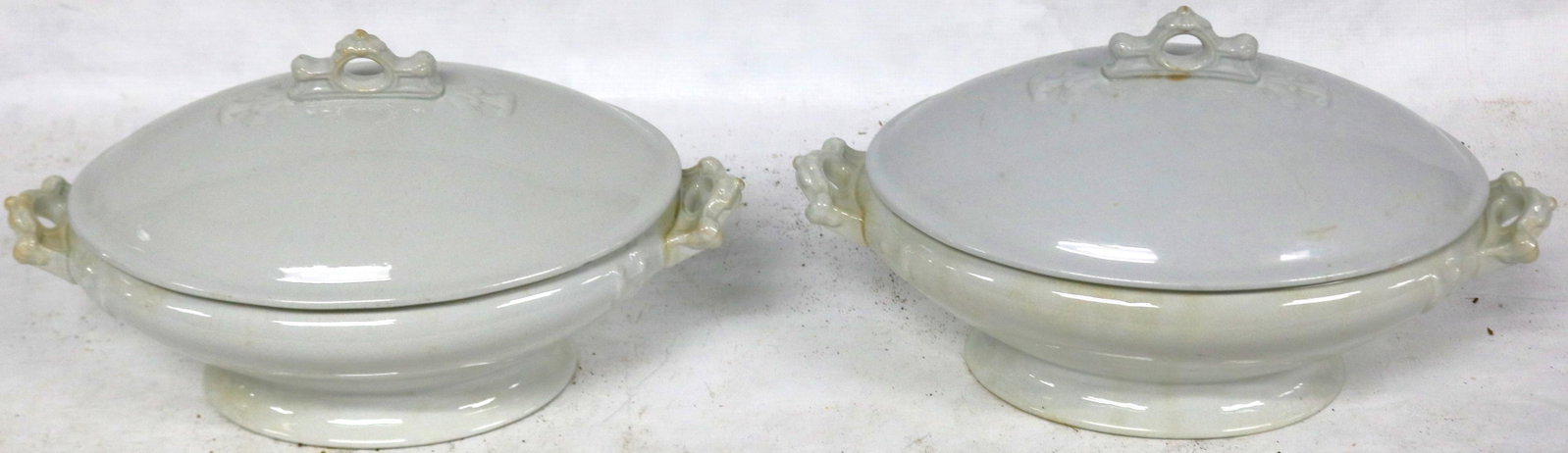 2 PAIR OF MATCHING WHITE IRONSTONE VEGETABLE: DISHES, 6 1/2" H, 11" W, 6 1/2" DEEP