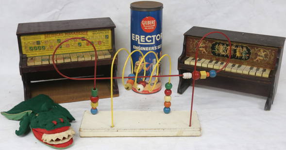 LOT OF 5 TOYS INCLUDING 2 CHILDS PIANOS, GILBERT: ERECTOR SET, UNKNOWN IF COMPLETE, MOVEABLE BLL TOY & DRAGON PUPPET, 9 1/2" - 14 1/2" H, 5" - 23" W