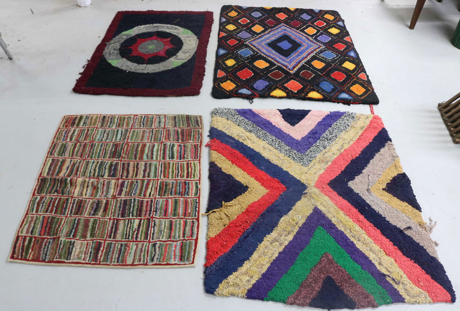 LOT OF 4 HOOKED RUGS, GEOMETRIC DESIGNS, SOME (1 of 1)
