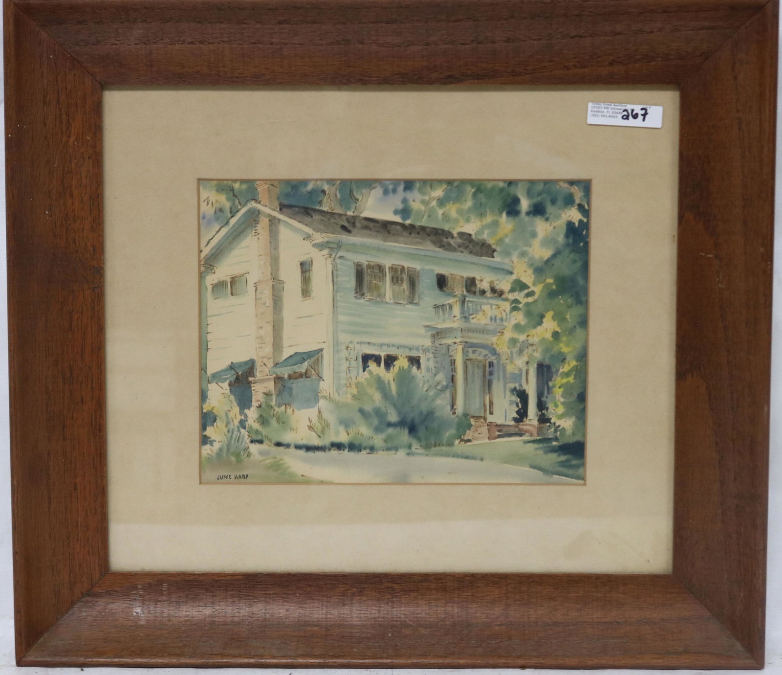 FRAMED WATERCOLOR OF HOUSE, SIGNED JUNIE HARP,: DECEASED CALIFORNIA ARTS, 16" X 17 3/4" OVERALL