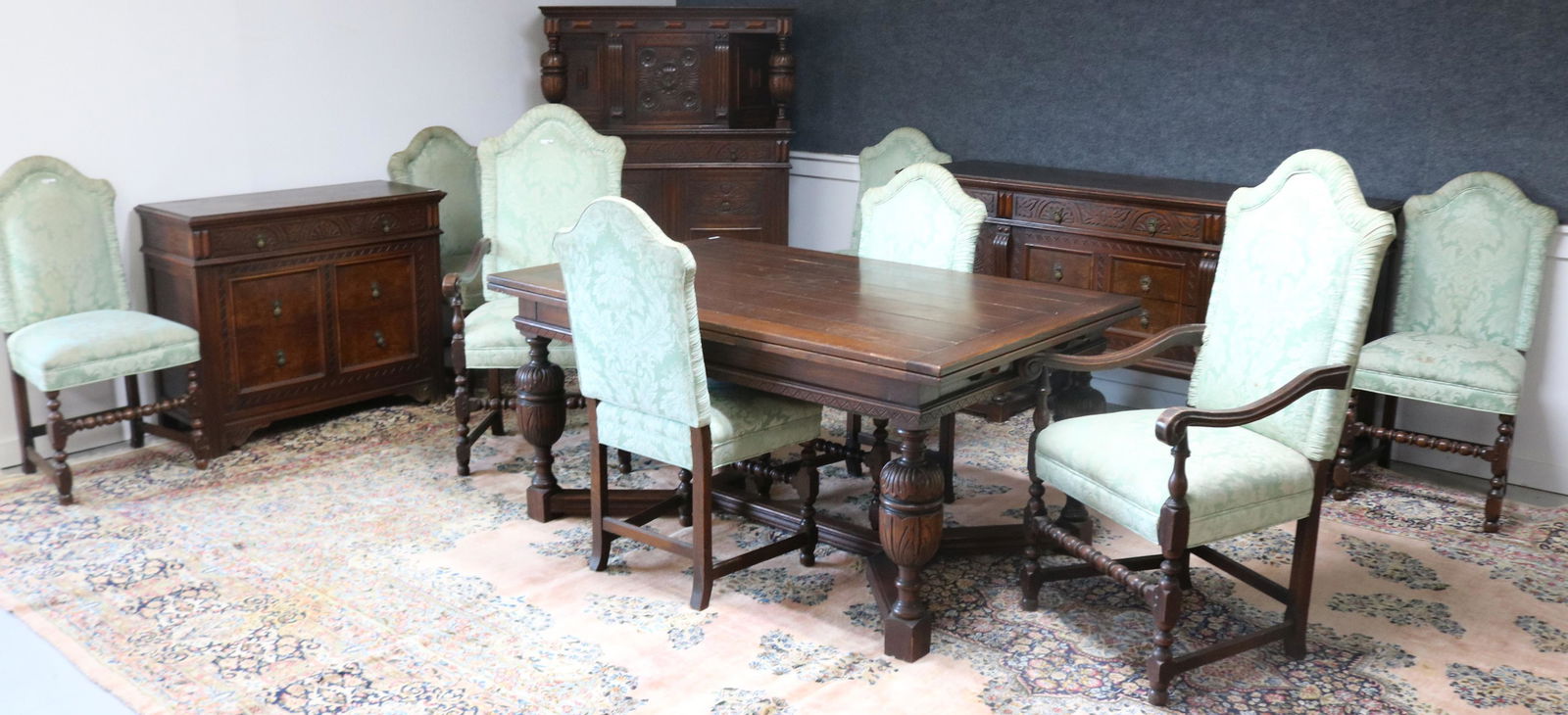 ORNATE JACOBEAN STYLE OAK 12 PC. DINING ROOM SET, (1 of 5)