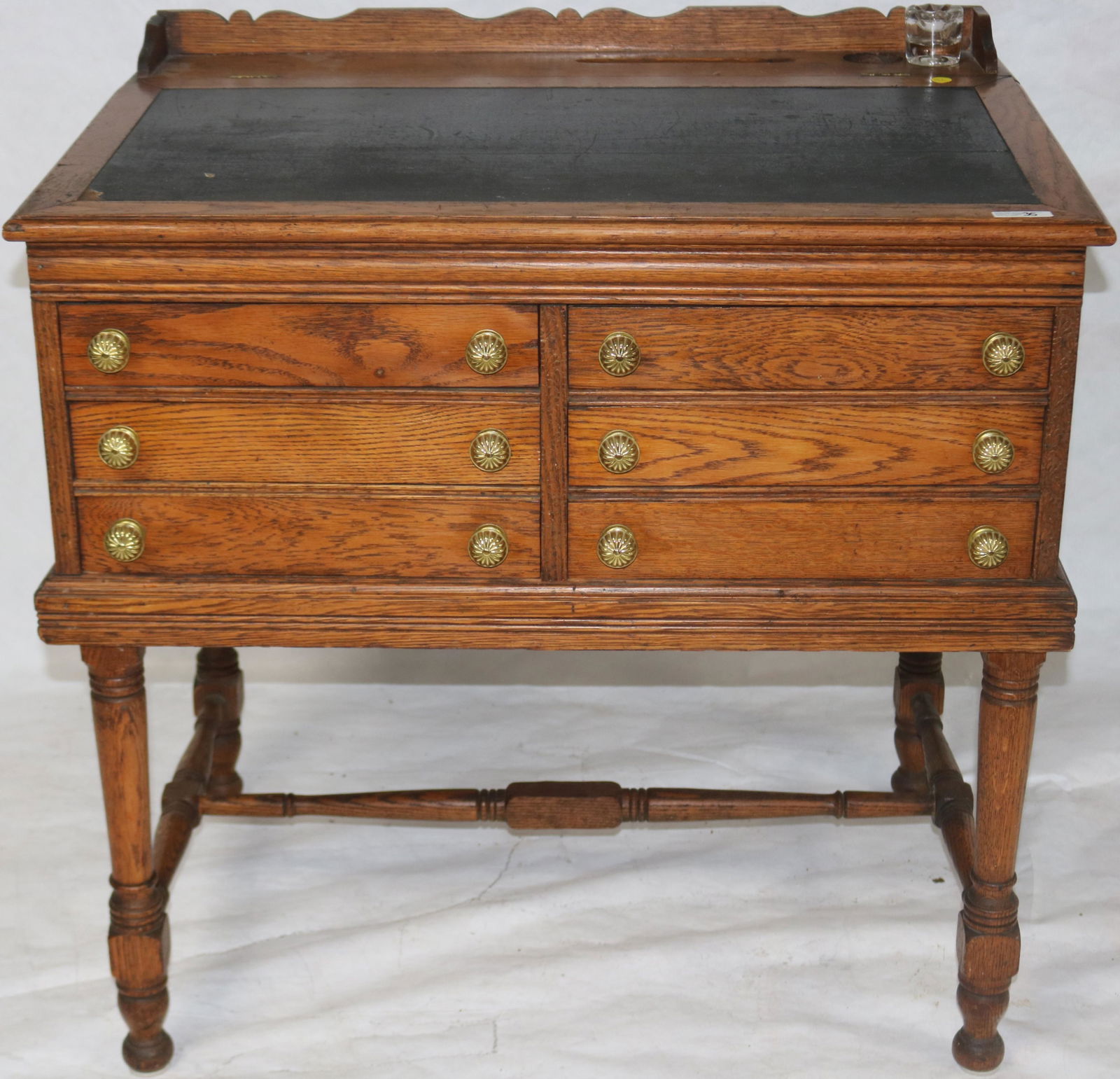 REFINISHED VICTORIAN OAK COUNTERTOP SPOOL CABINET: ON LATER OAK BASE, J. & P. COATS, REFINISHED CONDITION, BACKSPLASH, LIFT LID, 6 DRAWERS, REPLACED HARDWARE, COMES WITH SOME OLD HARDWARE, 34" H, 33" W, 23" DEEP
