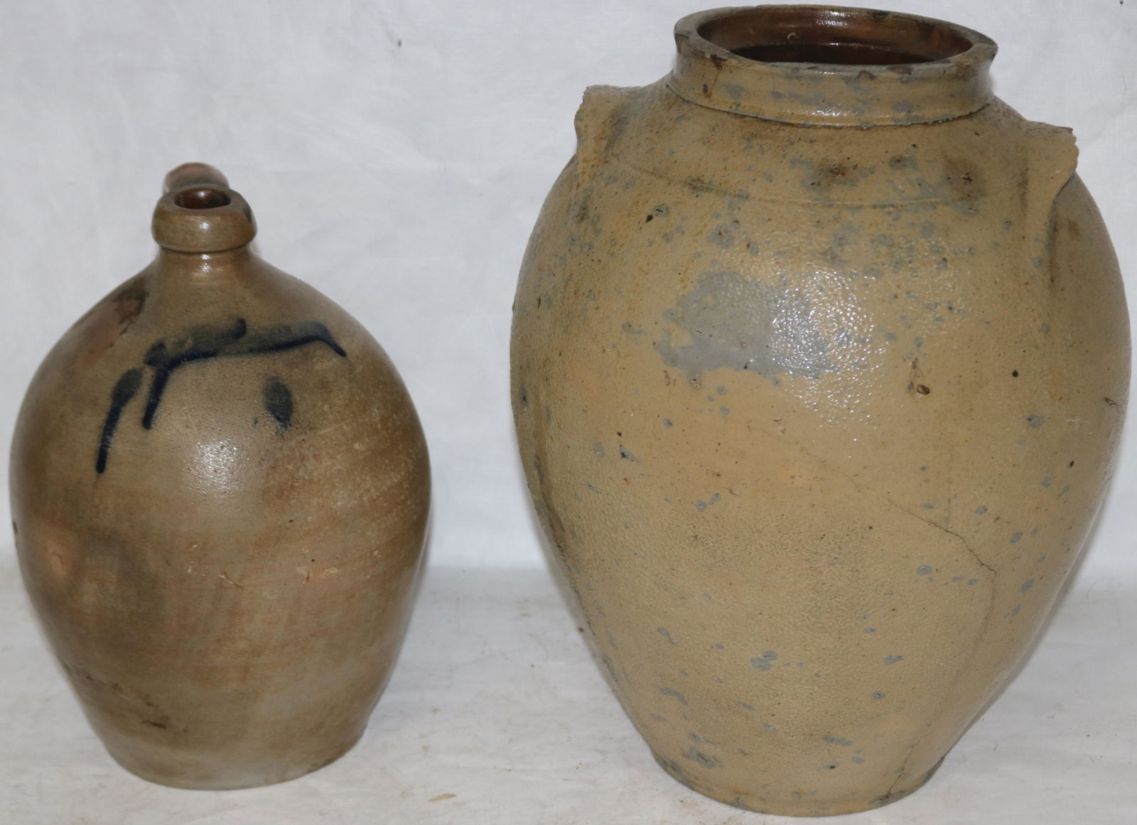 TWO EARLY 19TH C. OVOID STONEWARE CROCK & JUG, (1 of 3)