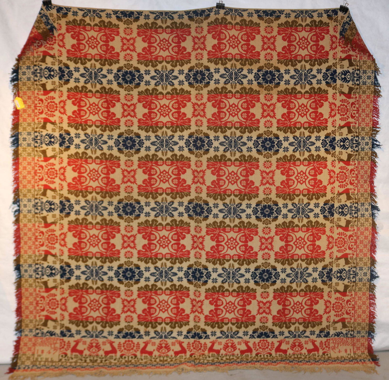 19TH C. JACQUARD WOVEN COVERLET, SIGNED P. WARNER (1 of 2)