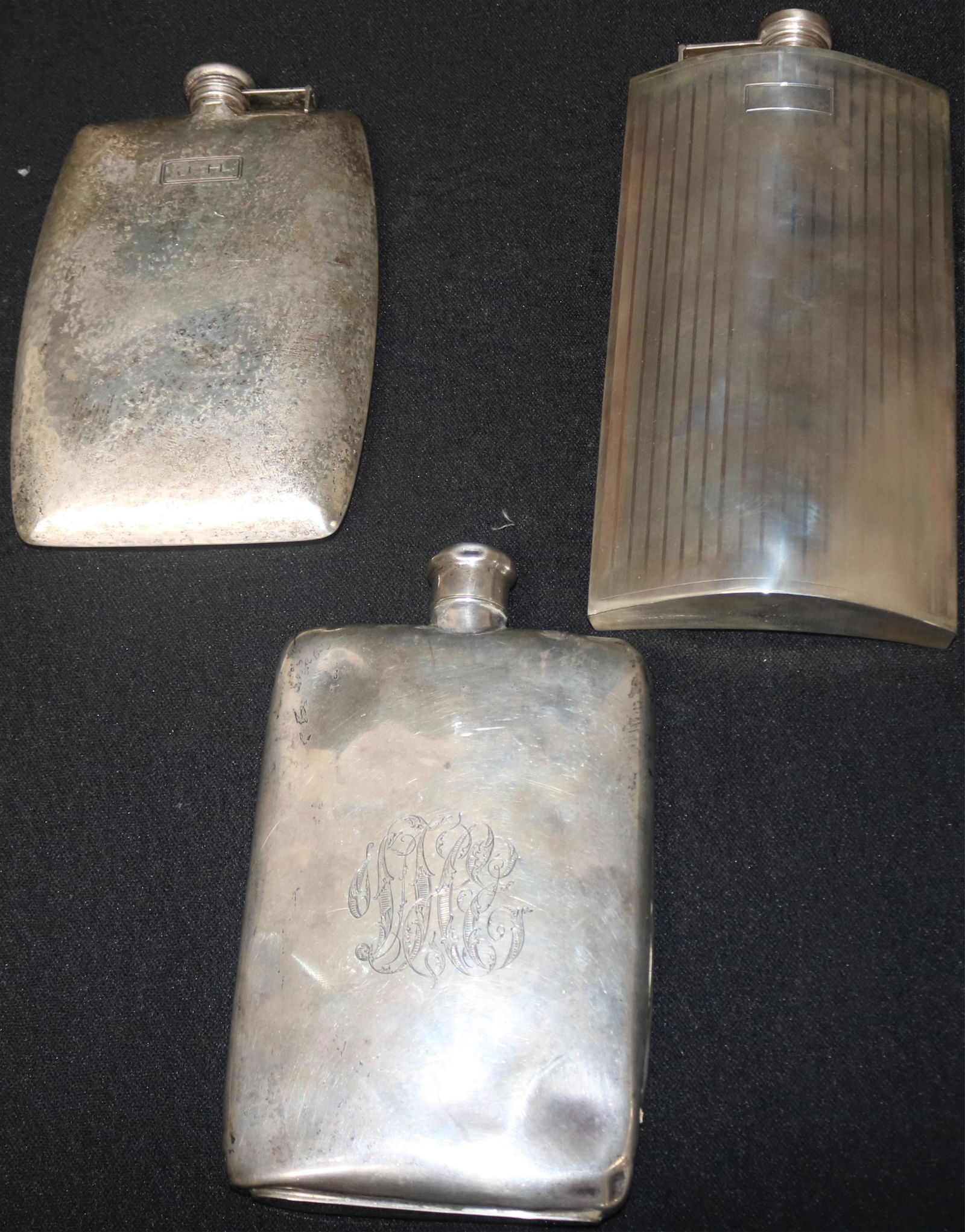3 STERLING SILVER FLASKS, 1920S 9" H, 4 1/4" W, (1 of 1)