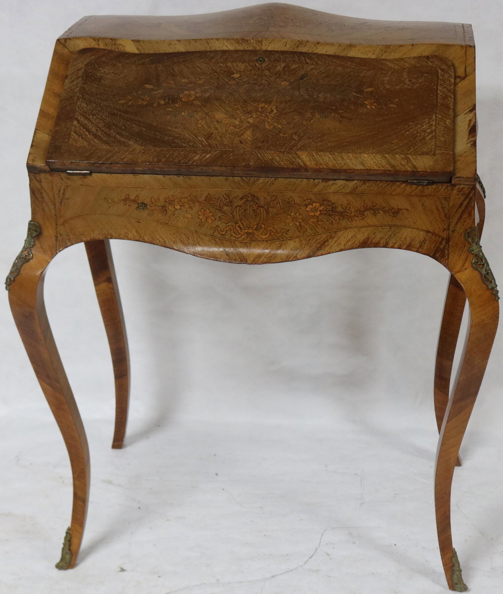 19TH C. INLAID FRENCH STYLE LADIES FALL FRONT: DESK, ORMOLU, MARQUETRY INLAY, BOMBE SIDES, SIGNED PAPER LABEL, SUSSMANN N.Y., 37" H, 31" W, 19 1/2" D, SUN FADED FINISH