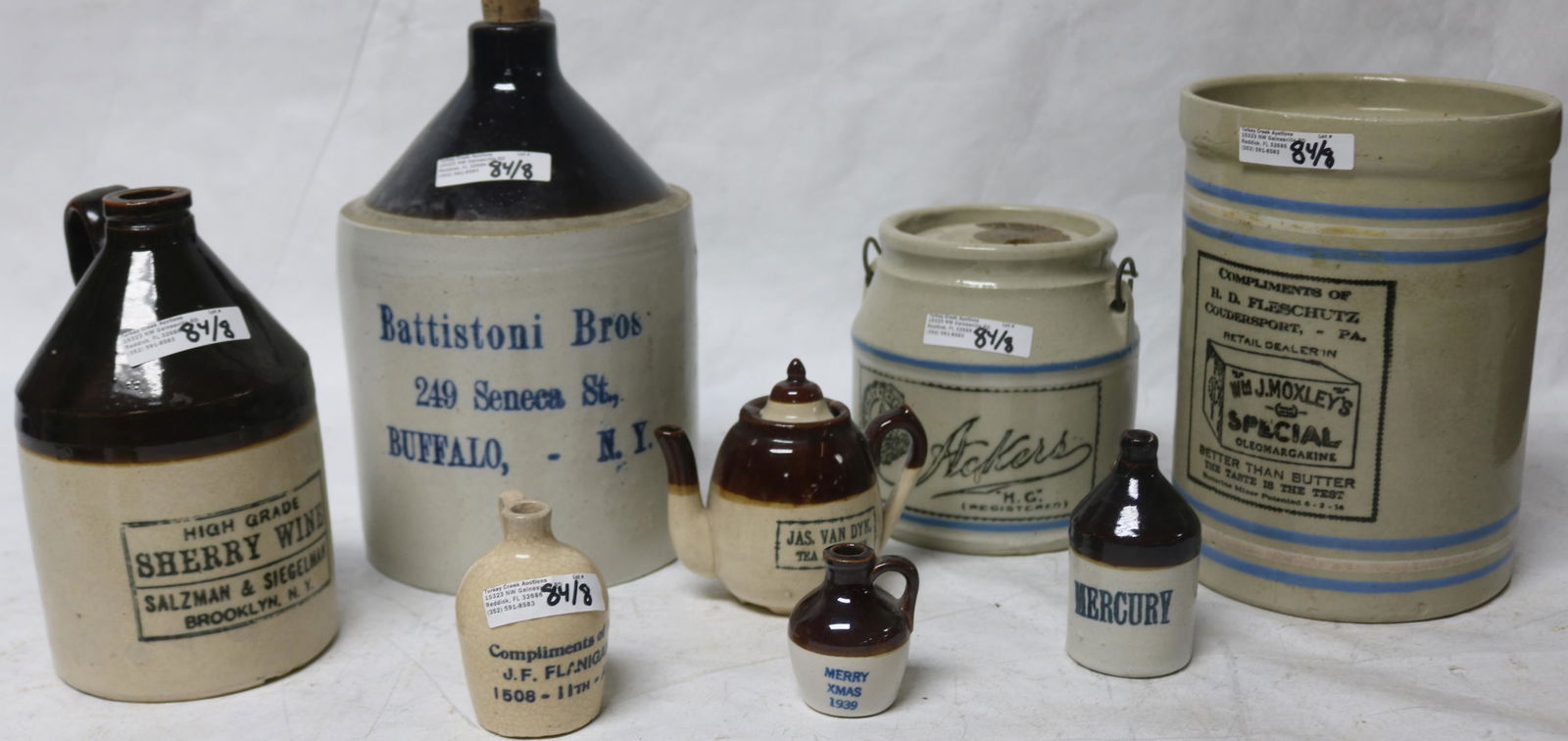 LOT OF 8 ADVERTISING STONEWARE CROCKS & JUGS, (1 of 2)