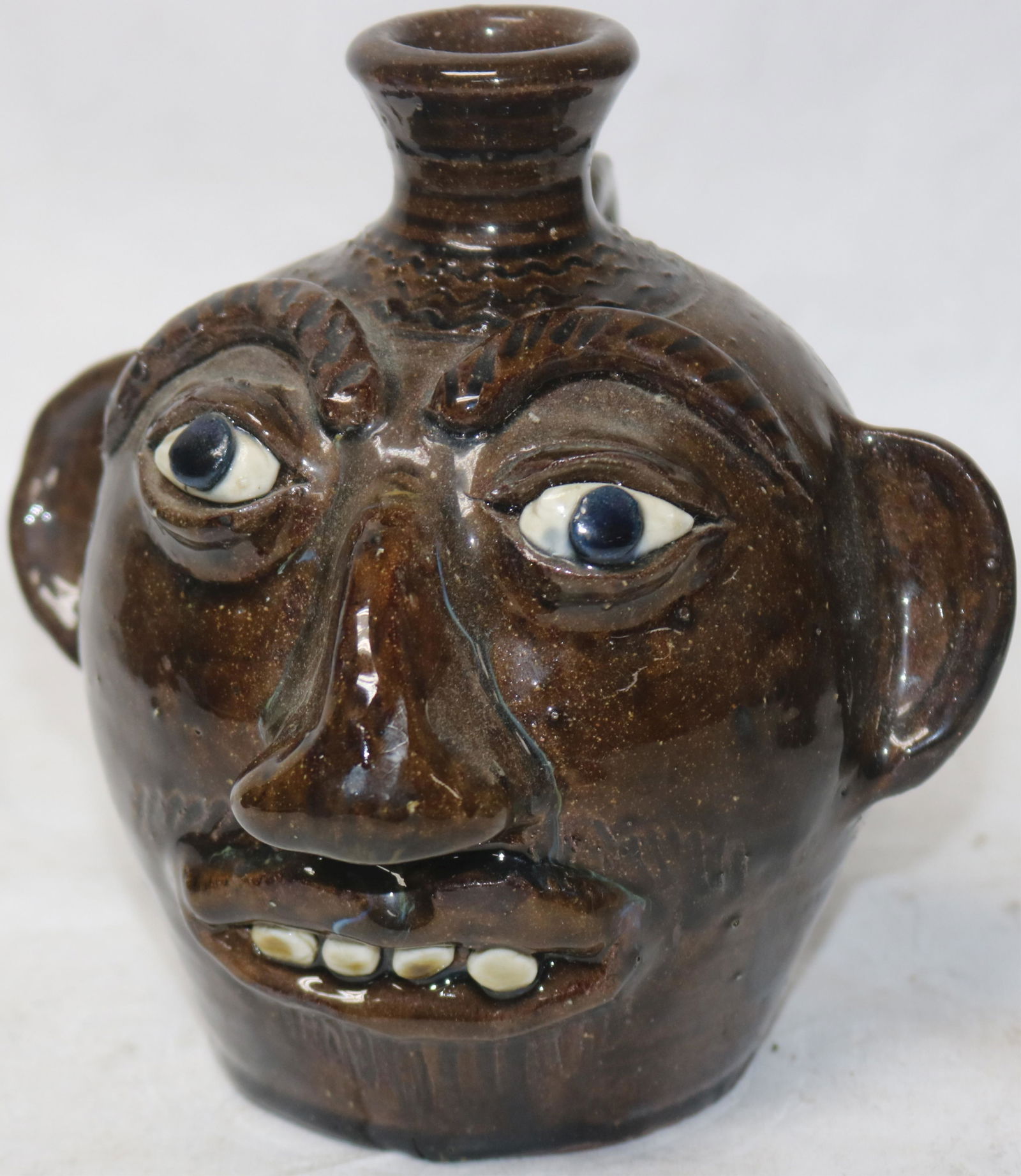 N.C. REDWARE FACE JUG SIGNED ALBERT HODGE,: VALE N.C., 6 3/4" H, 7" EAR TO EAR