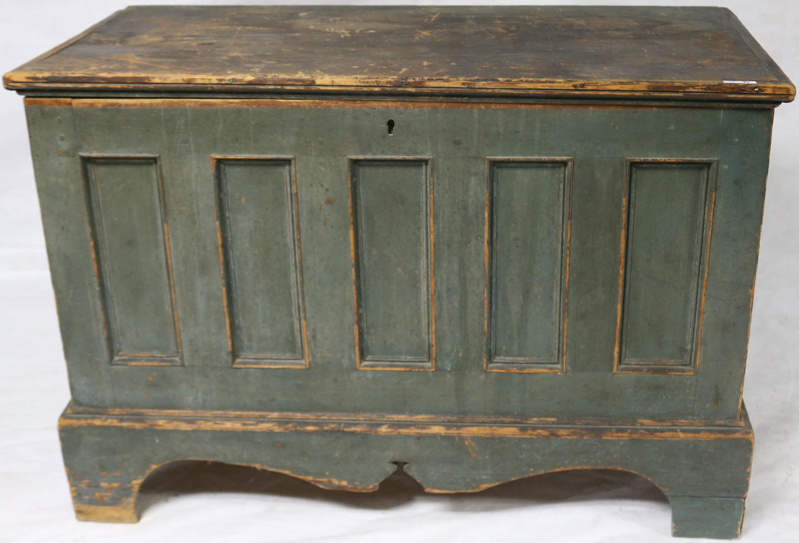 19TH C. BLUE-GREEN PAINTED BLANKET BOX WITH PANEL (1 of 4)