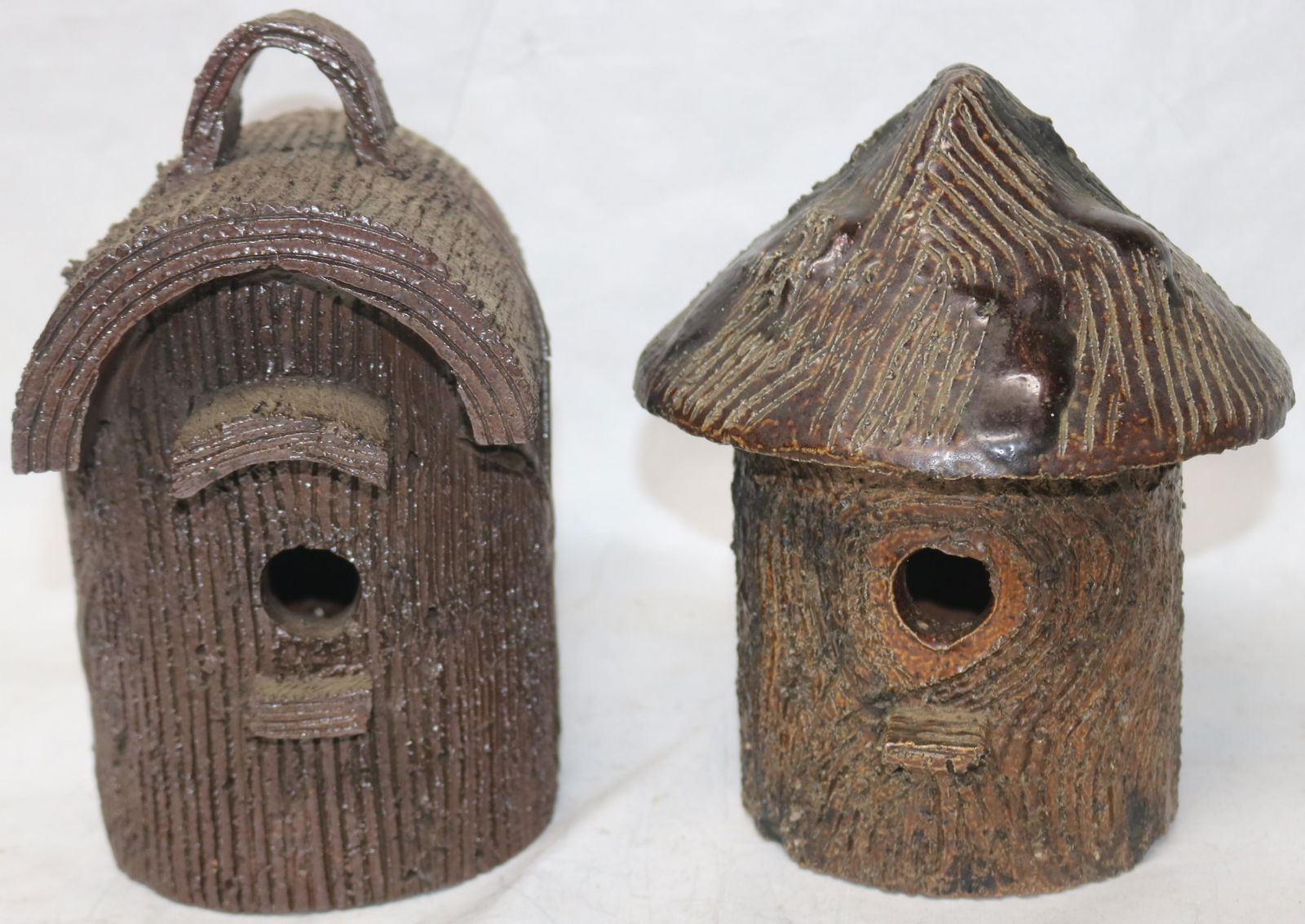 TWO 20TH C. OHIO SEWER TILE BIRD HOUSES, 8 3/4" - (1 of 3)