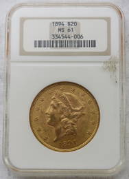 1894 $20 GOLD PEACE DOUBLE EAGLE, GRADED MS 61,