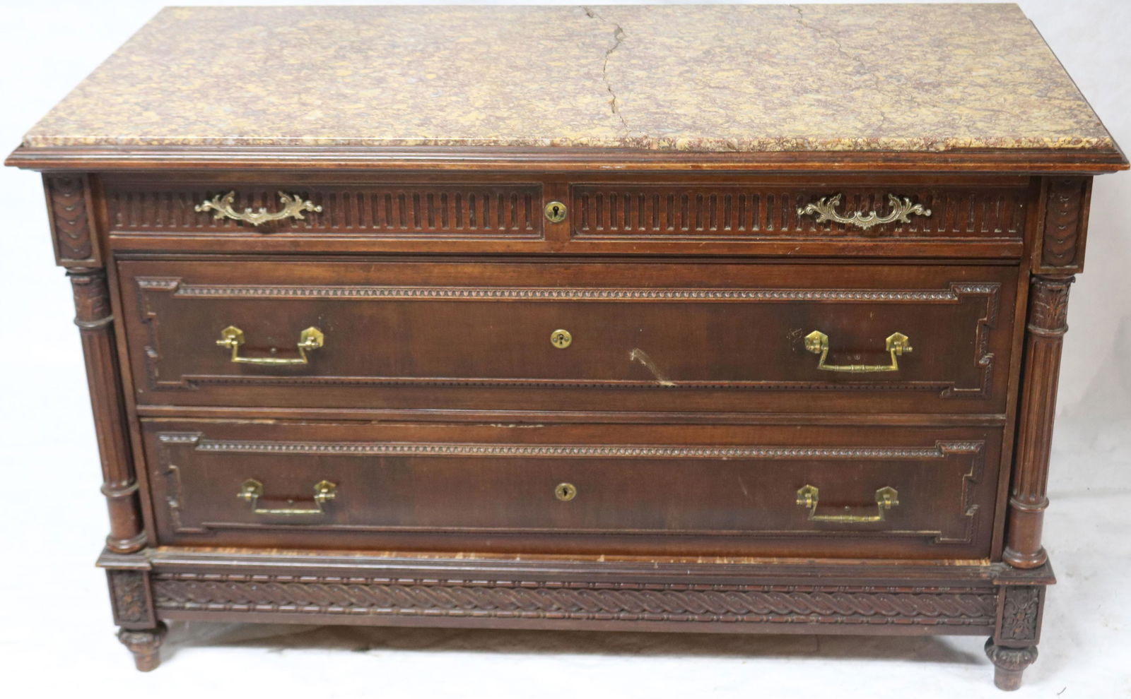 19TH C. CARVED MAHOGANY 3 DRAWER CHEST, CRACKED (1 of 5)