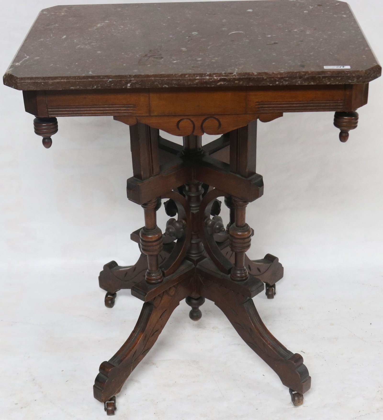 VICTORIAN WALNUT MARBLE TOP, EASTLAKE STYLE,: ORIGINAL FINISH, BROWN MARBLE TOP, CUT CORNERS, 29 1/2" H, 26 1/4" W, 18 1/4" D, 2 MISSING DROP FINIALS
