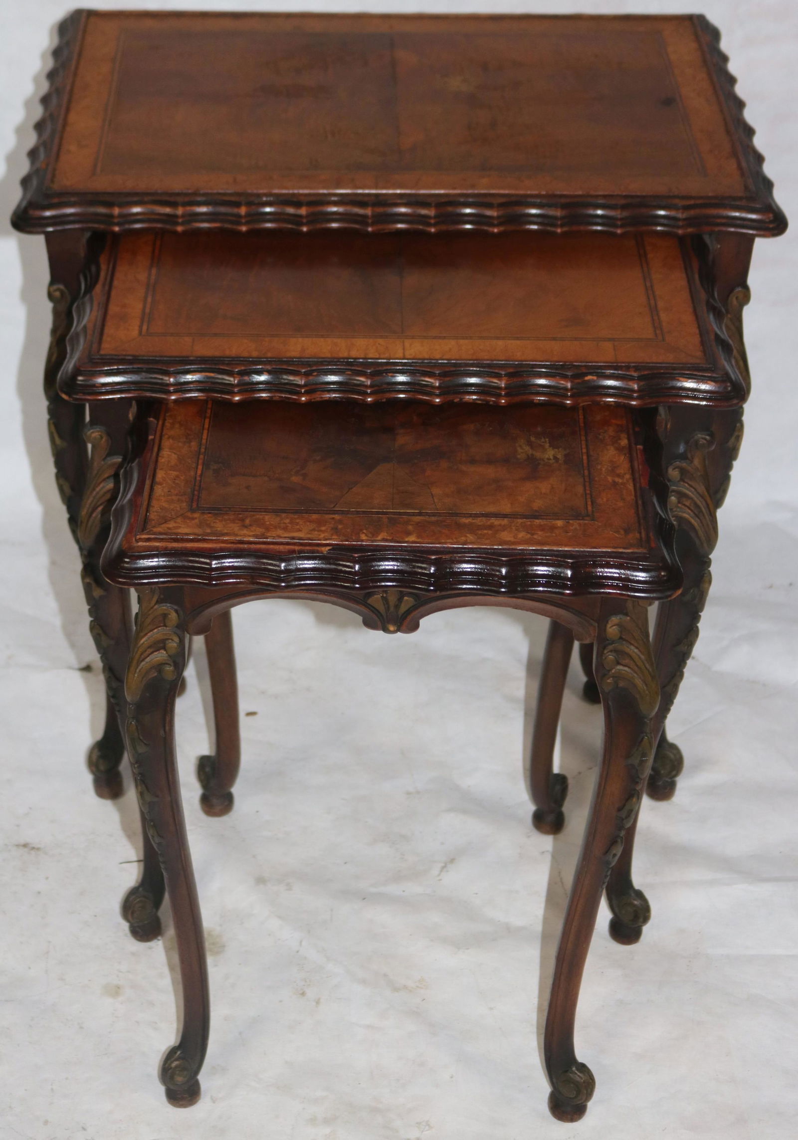 NEST OF 3 CARVED MAHOGANY STACK TABLES WITH BURL (1 of 1)