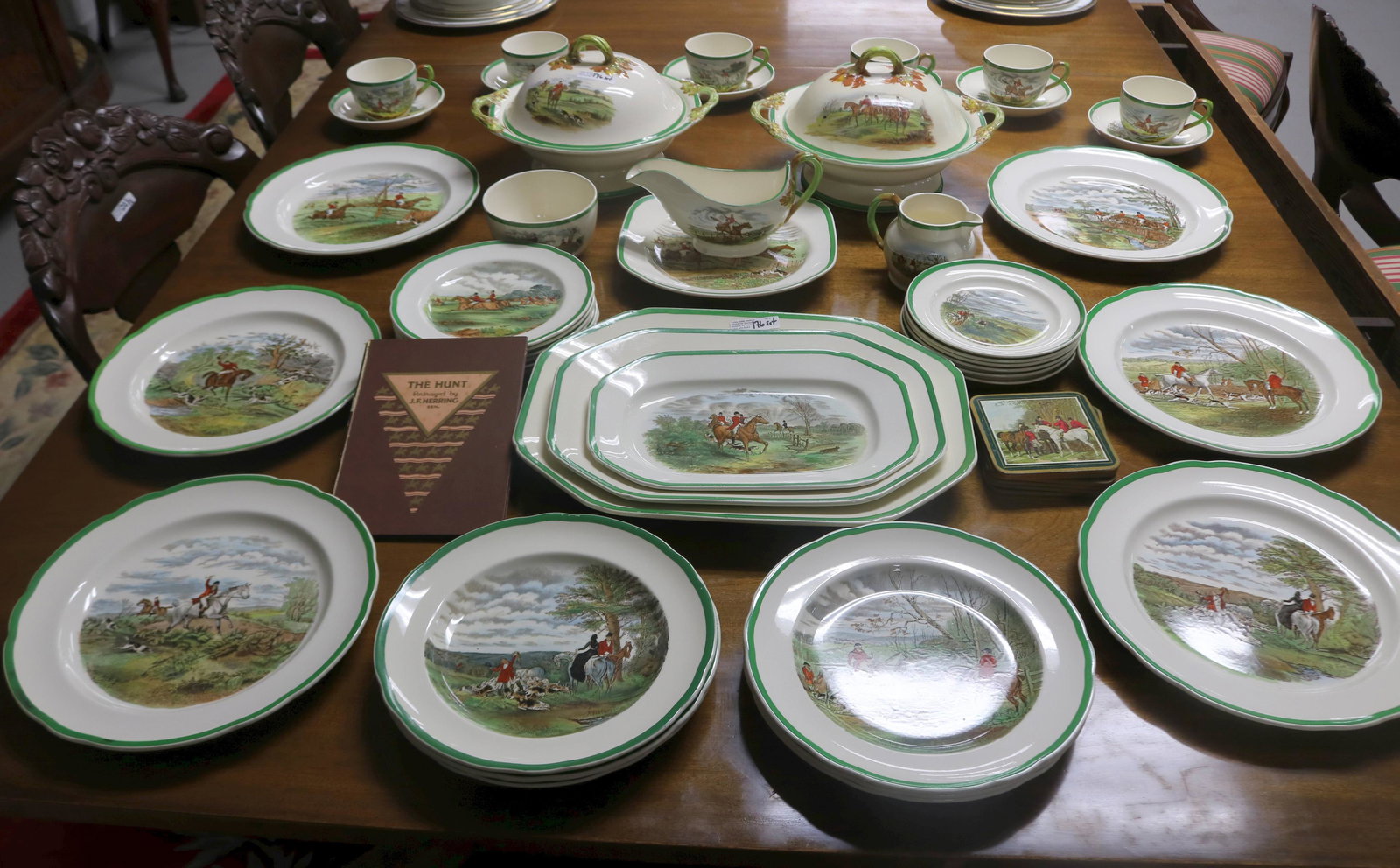 COPELAND SPODE 45 PC. DINNER SET, FOR 6, HUNTING: SCENES, FROM J.F. HERRING, (6) 10 1/2" DINNER PLATES, (6) 9" PLATES, (6) 7 1/2" PLATES, (6) 6 1/2" PLATES, (6) 6" SAUCERS, (1) 14 1/2" PLATTER, (1) 12 1/2" & (1) 10 1/2" PLATTERS, (2) 11 1/2" COVERED