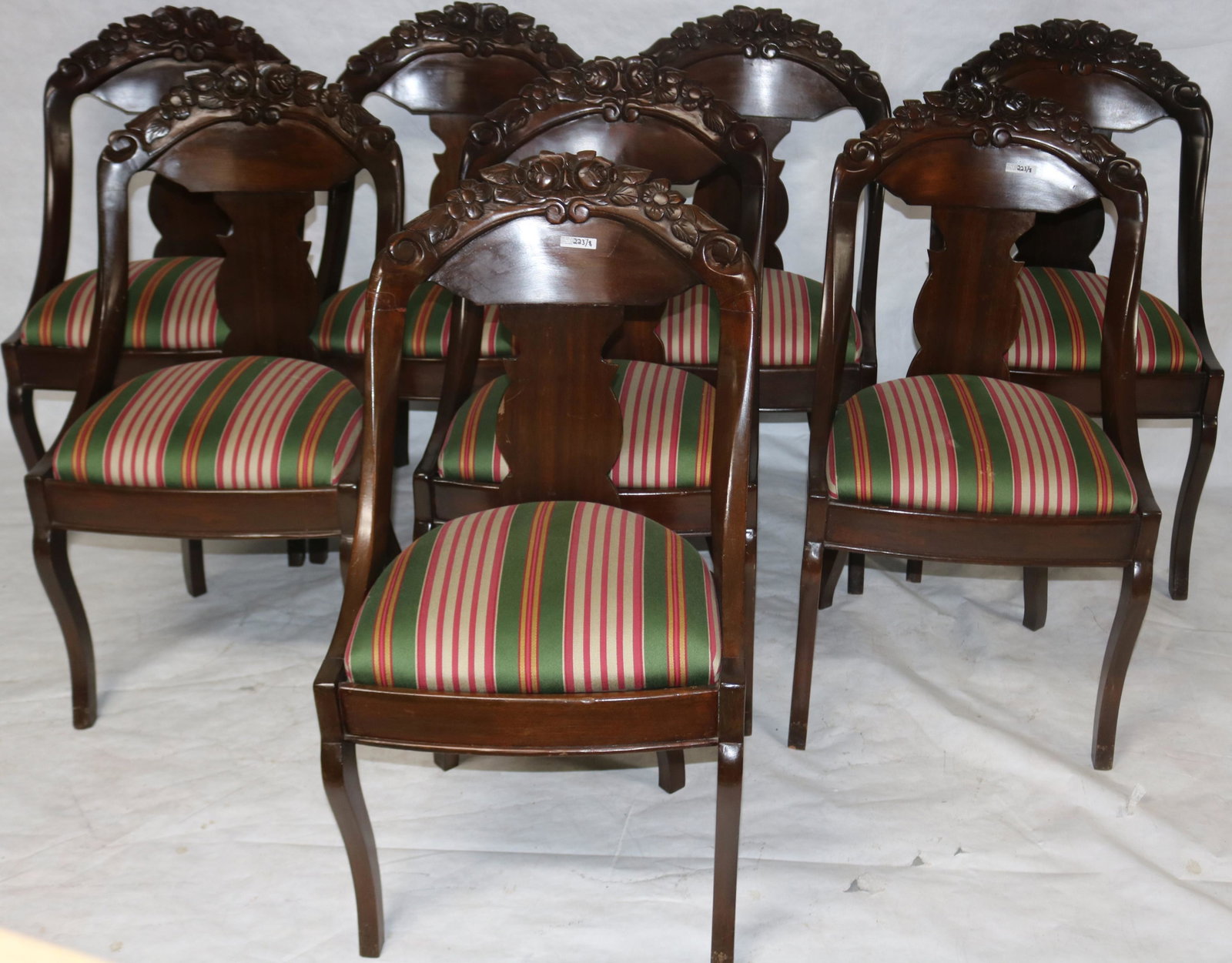 SET OF 8 CUSTOM MAHOGANY 19TH C. STYLE DINING: CHAIRS, ROSE CARVED BACK, FIDDLE BACK SLAT, SABRE LEGS, ORIGINAL FINISH, SLIP SEATS WITH CLEAN STRIPED UPHOLSTERY, 34 1/2" H, 18 3/4" W, 16 1/2" D, 18" SEAT HEIGHT