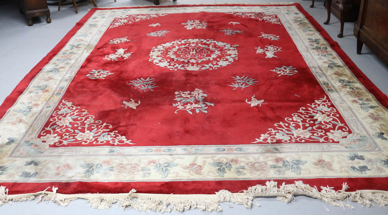 ROOM SIZE ORIENTAL RUG, RED FIELD CHINESE, FLORAL (1 of 5)