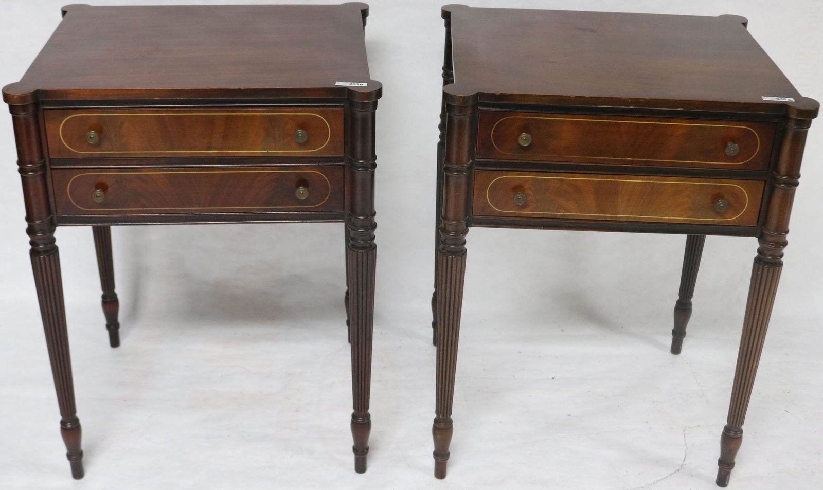 PAIR OF MAHOGANY INLAY 20TH C. TWO DRAWER STANDS, (1 of 1)