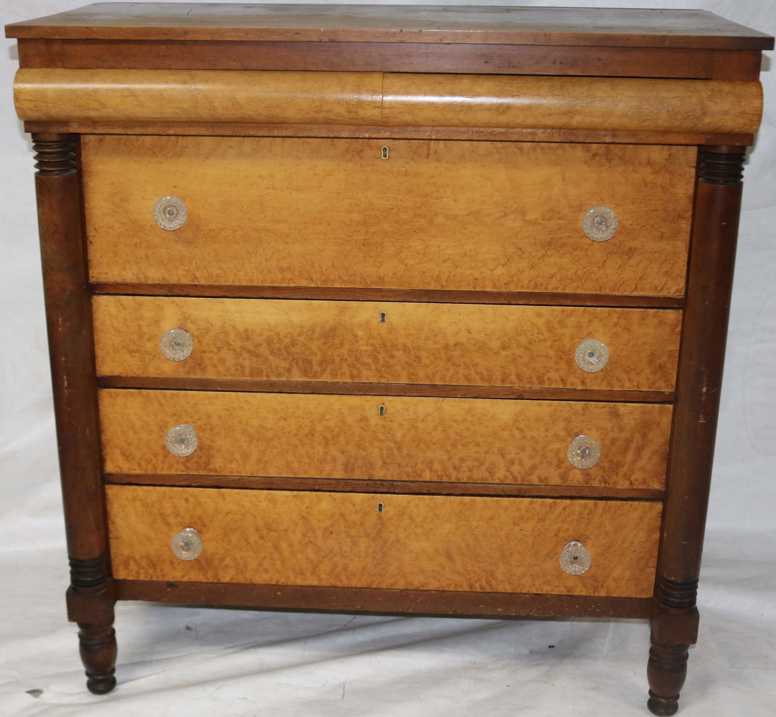 19TH C. COLUMN FRONT CHEST, WALNUT BIRDSEYE MAPLE (1 of 1)
