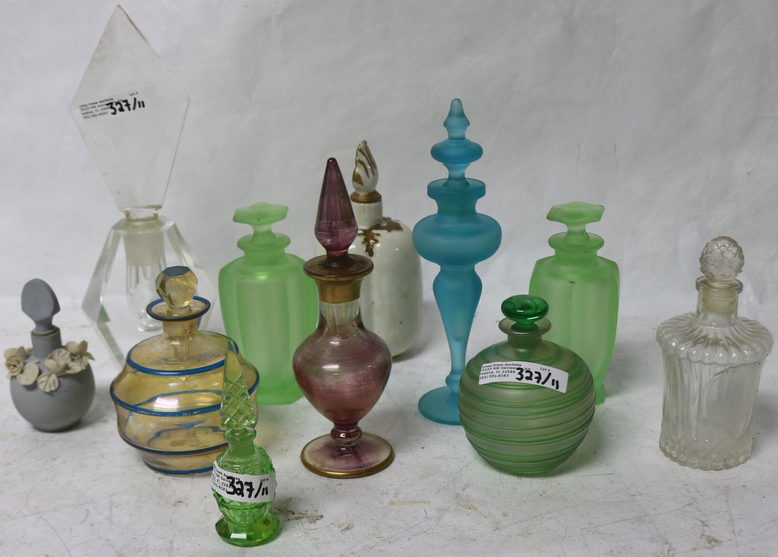 ELEVEN MISC. 20TH C. PERFUME BOTTLES, SATIN, CUT (1 of 1)