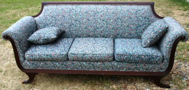 DUNCAN PHYFE STYLE SOFA WITH NEW: FLORAL UPHOLSTERY, 34" H, 78" L, 30" D