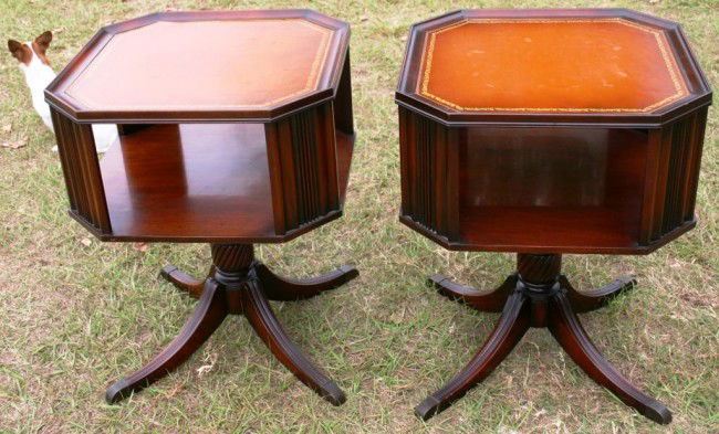 PAIR OF CUSTOM LEATHER TOP END TABLES: DUNCAN PHYFE STYLE, 27" H, 21" X 21"