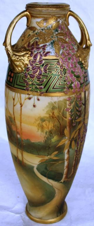 TALL HAND PAINTED SCENIC NIPPON VASE: WITH EMBOSSED WISTERIA DESIGN & TWO HANDLES, 16" H, SHOWS HAIRLINE
