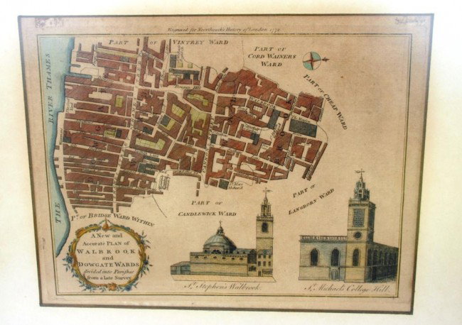 FRAMED & GLAZED MAP OF WALBROOK & DOWGATE WARDS: DATED 1772, 8 X 10