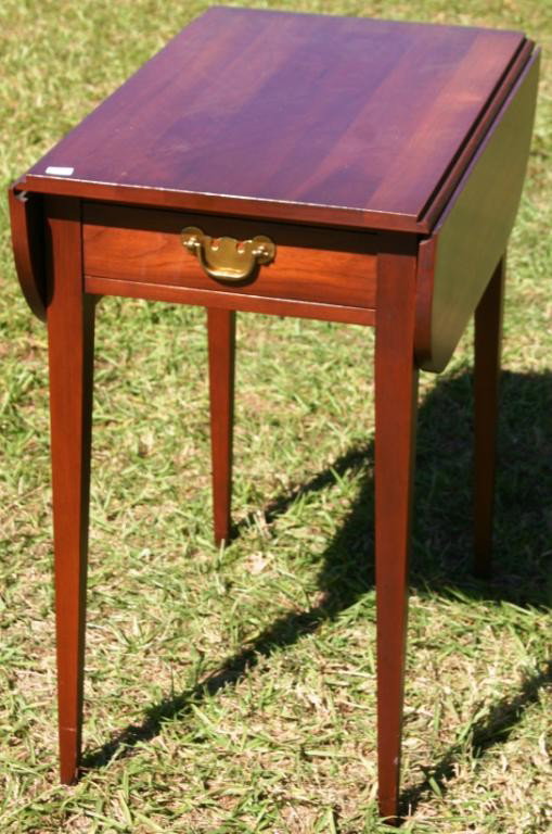 SOLID CHERRY DROP LEAF 1 DRAWER HEPPLEWHITE: STYLE STAND, BY HENKEL & HARRIS, 26" H, 23" D, 15 1/4" W