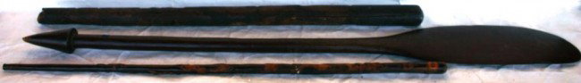LOT OF WOODEN WARE TO INCLUDE, POLYNESIAN: WAR CLUB, & TWO MEXICAN WOODEN WALKING STICKS, WAR CLUB 50" L
