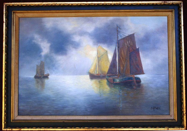 OIL ON CANVAS, BOATS AT SEA, SIGNED M. ROSSI: 24 X 36