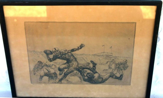 FRAMED & GLAZED ETCHING BY KENT HAGERMAN: "BOWL ACTION FLORIDA" 10 X 12 3/4