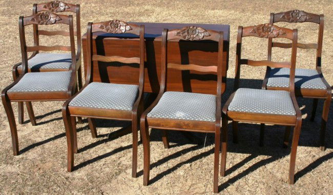 7 PC. CUSTOM MAHOGANY DINING ROOM SET: DUNCAN PHYFE STYLE WITH ROSE CARVED CHAIRS, TO INCLUDE DROP LEAF TABLE AND 6 SIDE CHAIRS