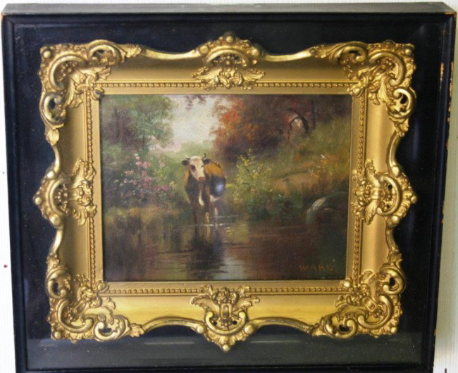 FRAMED OIL ON CANVAS, COW IN STREAM: SIGNED WARD, 8 X 9 SIGHT, IN GLASS & WOOD DEEP FRAME