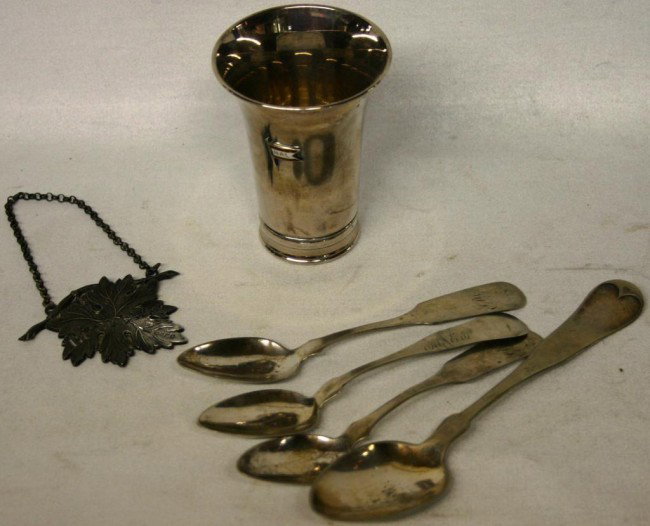 LOT OF MISC. SILVER TO INCLUDE 3 COIN SILVER: TEASPOONS, 1 TABLESPOON, 830 SILVER BEAKER, & ENGLISH SILVER BUCELLA LABLE, 5.45 TROY oz
