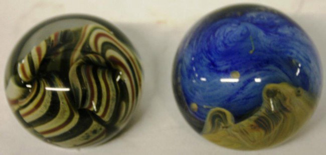 TWO BLOWN ART GLASS PAPERWEIGHTS, ONE SIGNED: JON MEYER, OTHER SIGNED JON WOLFE 9-1981